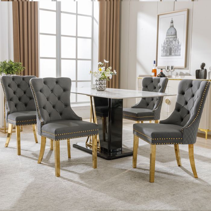 lot de 4 chaise de salle à manger,fauteuils chaises,velours gris,style classique design,pieds acier inox doré pour salon cuisine